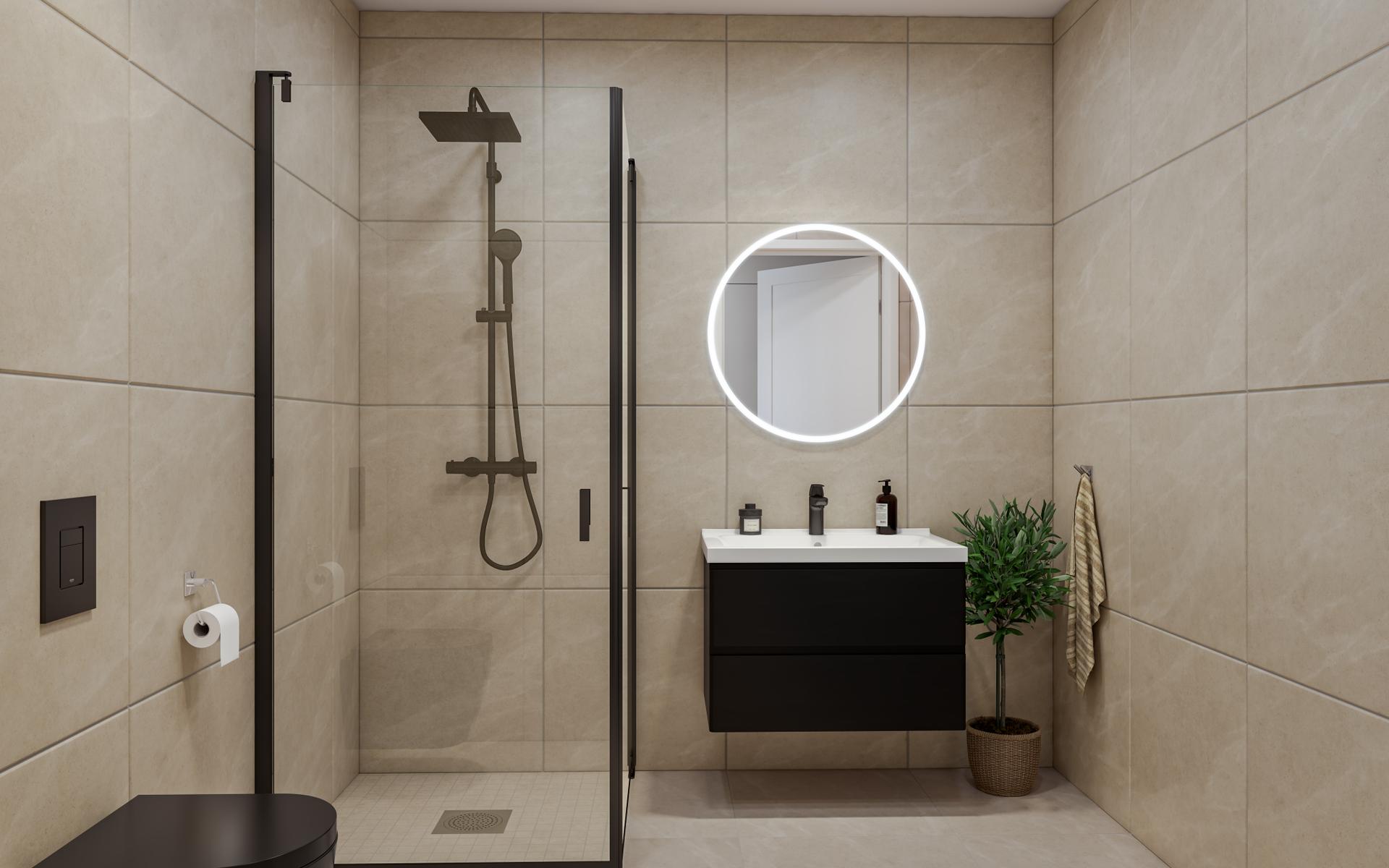 Badene blir utført med 60x60 fliser og mosaic på gulv. Flisene er av typen Terra beige og badet vil gi deg spafølelse i hverdagen. Boligene får bad i hovedetasje og tredje etasje. Bilde nummer 2 av 3