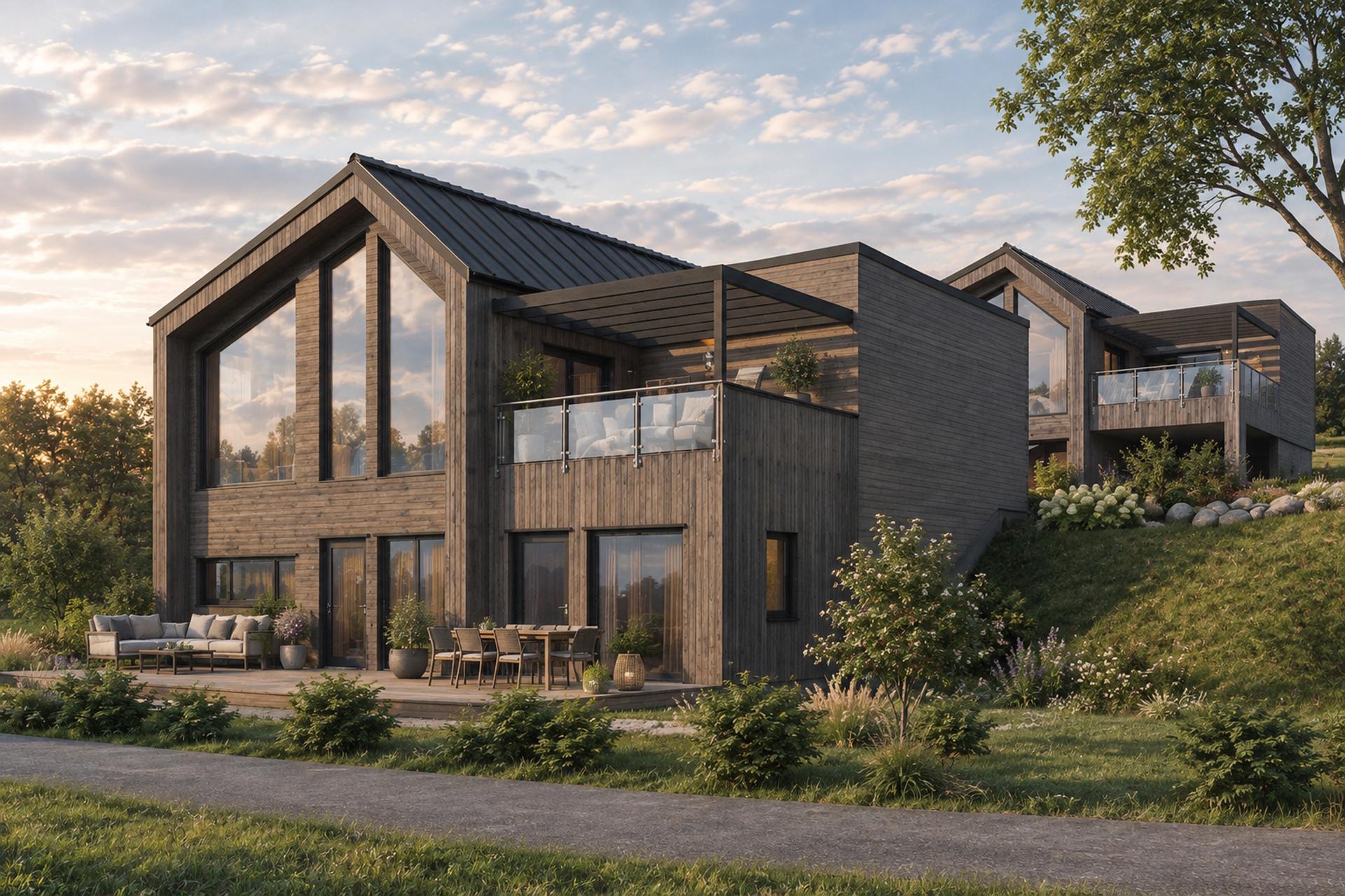 Bolig 3 – siste ledige enebolig i prosjektet, med 800 m² tomt og utsikt mot Mjøsa. Illustrasjon av bygg 3, avvik kan forekomme.
. Bilde nummer 1 av 3