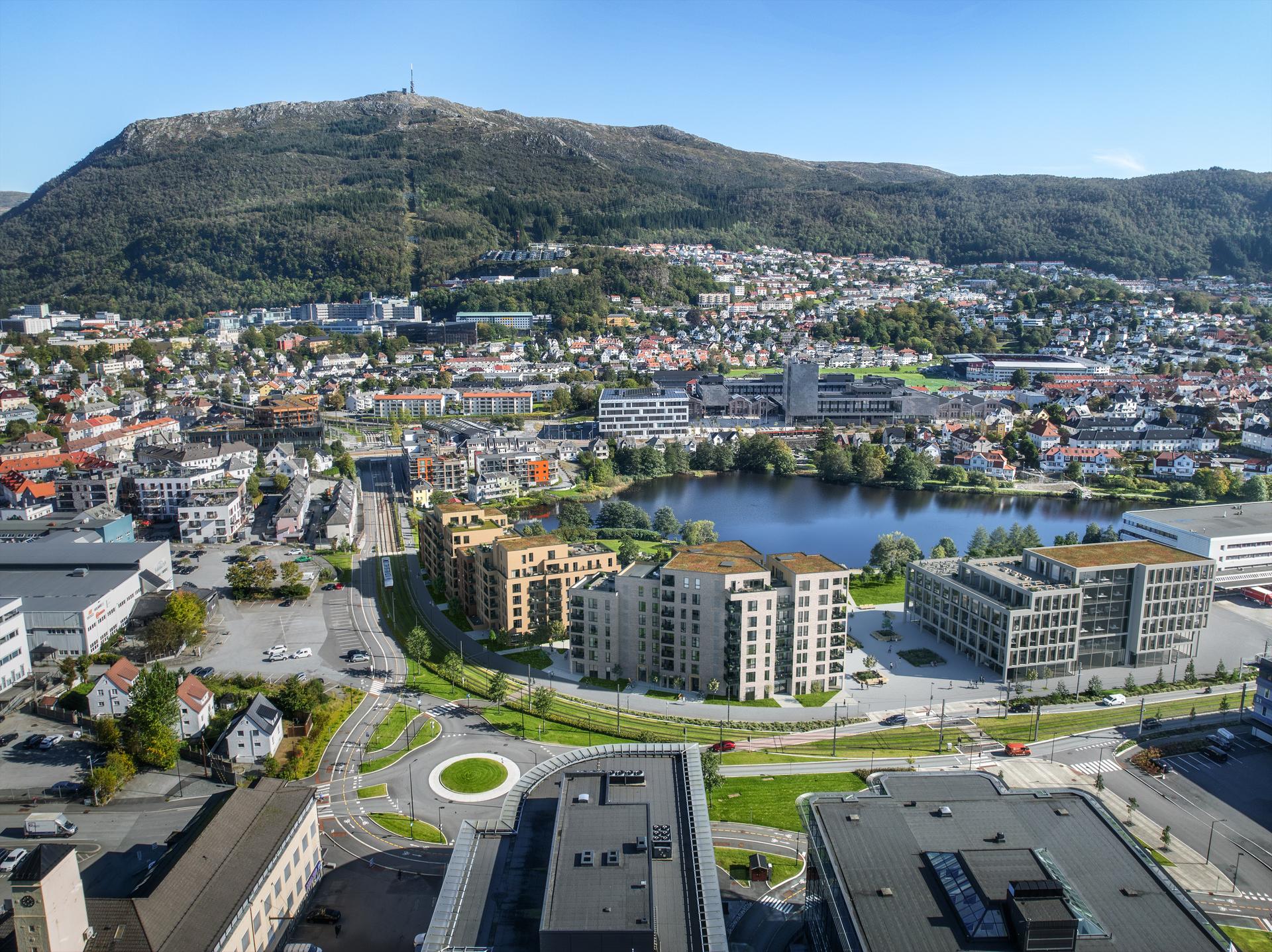 I Solheimsvatnet Pluss bor du idyllisk til med utsyn over Solheimsvatnet og parkområder. Her finner du alt du trenger i nærområdet og du har kort vei til alt.. Bilde nummer 1 av 3