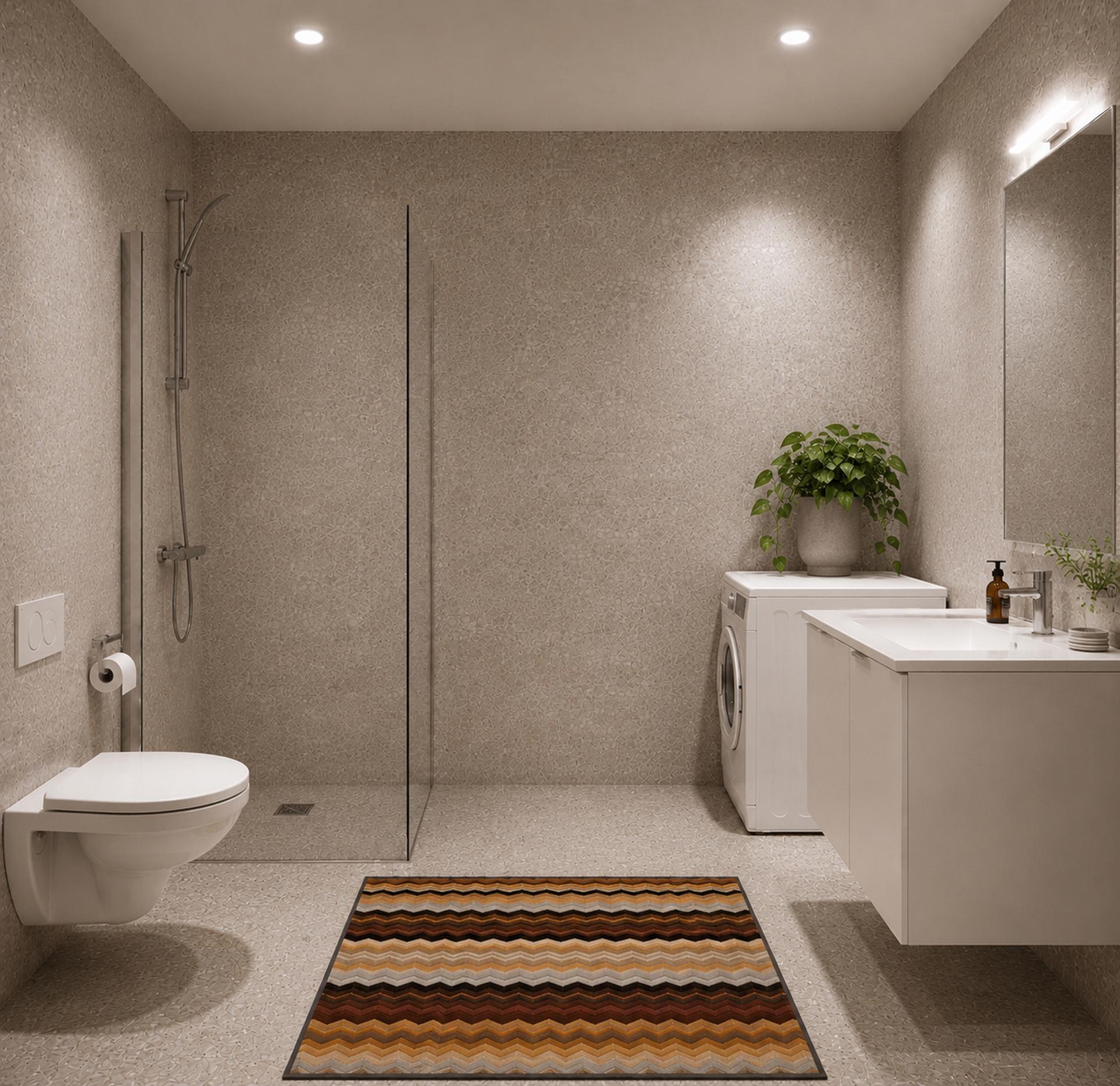 Badet er flislagt med beige/lys grå keramiske fliser - opplegg for vaskemaskin og tørketrommel. Bildet er AI-generert, endelig leveranse kan avvike. . Bilde nummer 3 av 3