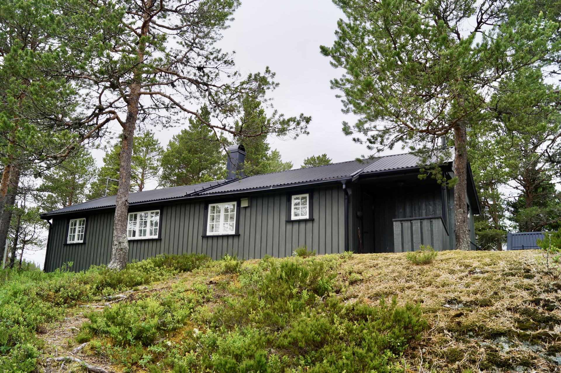 Hytten ligger på en høyde og har utsikt over både vannet og mot Åsen. . Bilde nummer 3 av 3