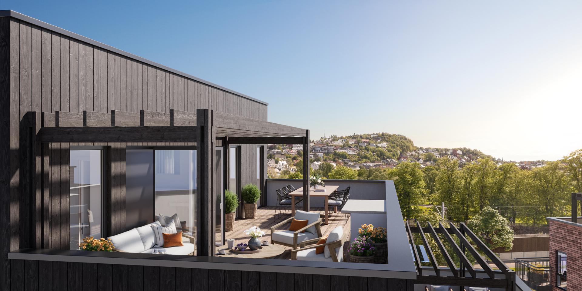 Stor og solrik takterrasse med flott utsikt og gode møbleringsmuligheter. Illustrasjon, endringer vil forekomme. . Bilde nummer 1 av 3