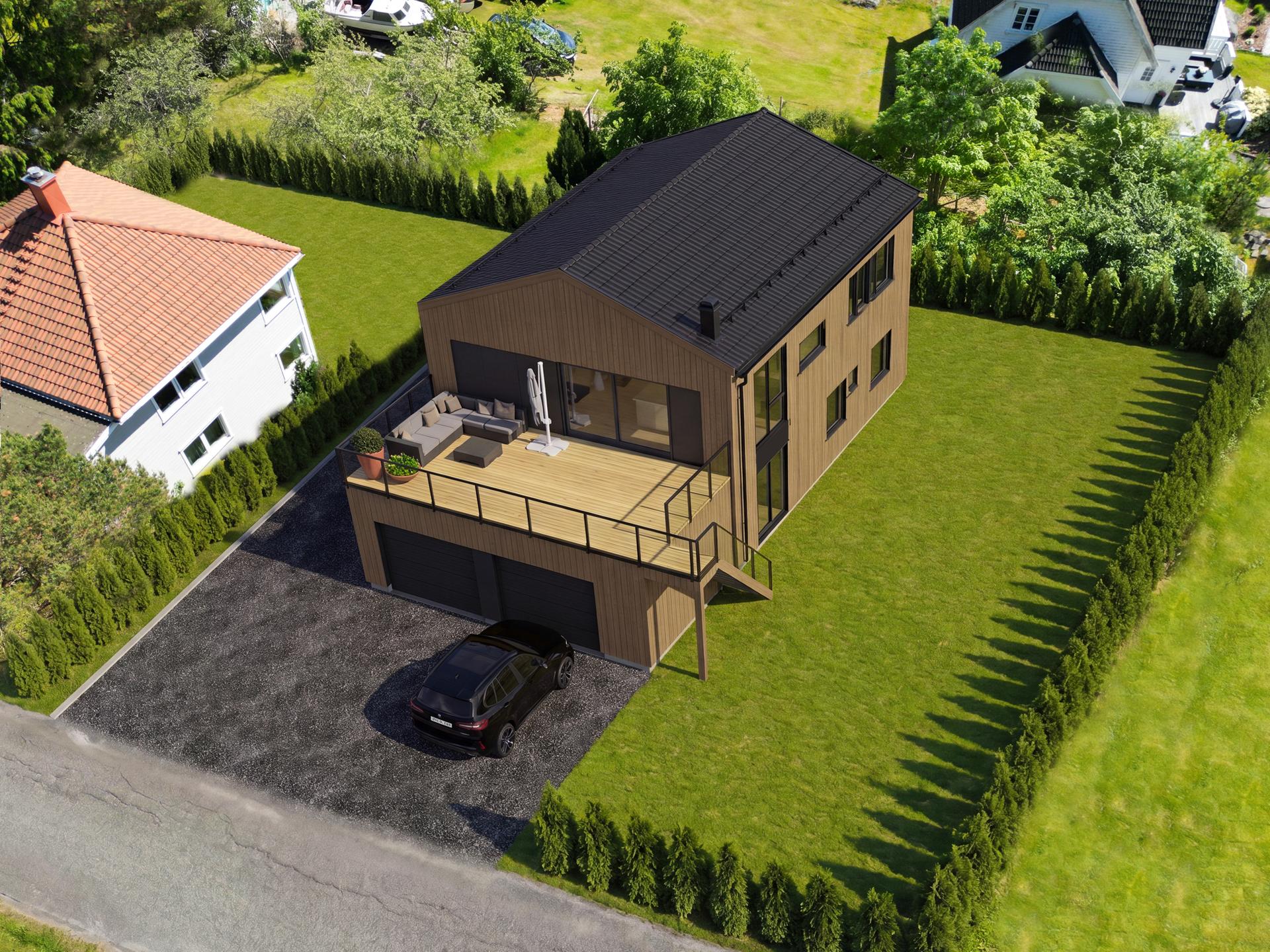 Prosjektert enebolig over to plan med integrert garasje og stor terrasse over garasjen. (Illustrasjon). Bilde nummer 2 av 3