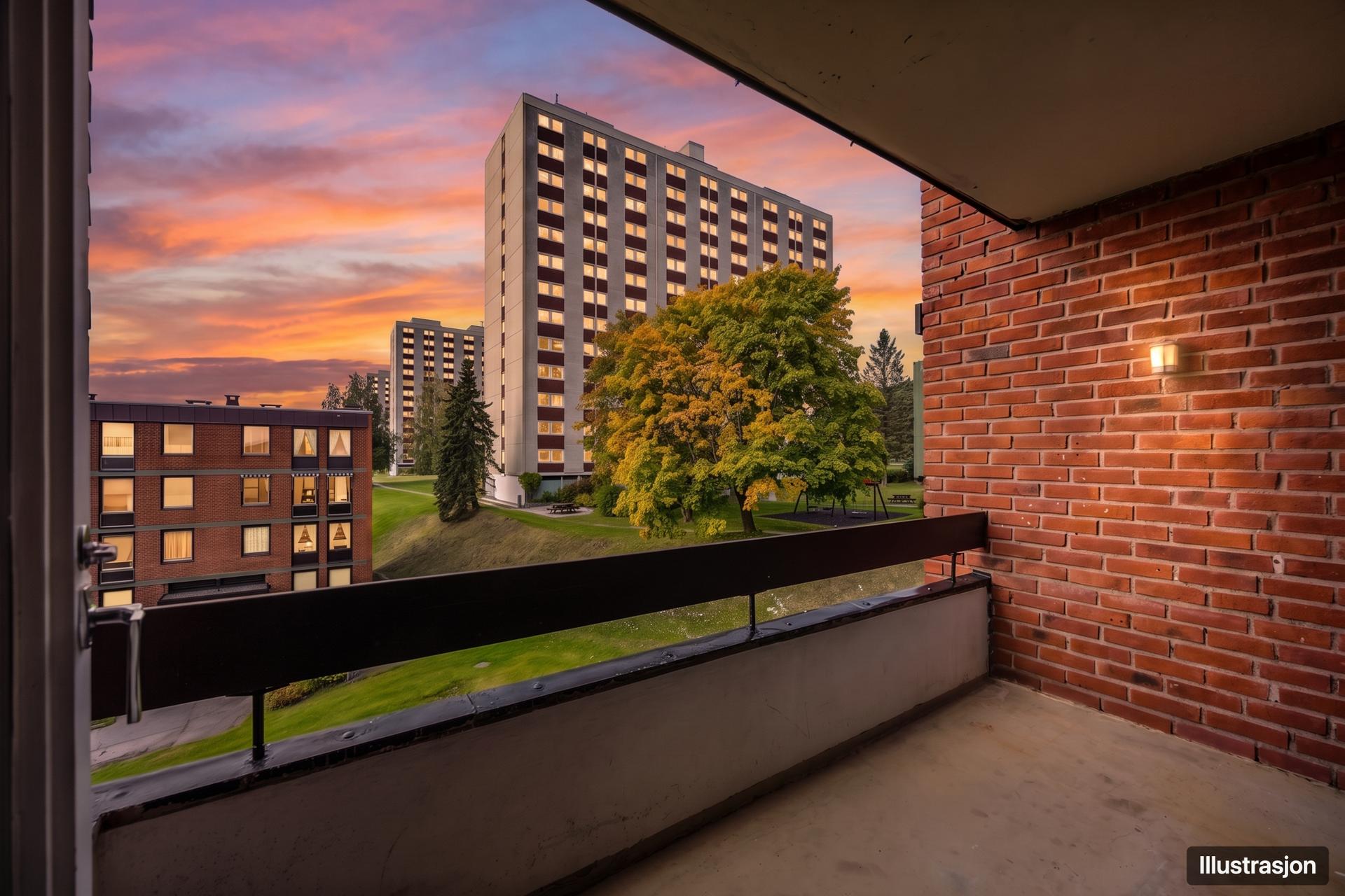 Balkongen med kveldsstemning og vid utsikt. (Illustrasjon). Bilde nummer 2 av 3