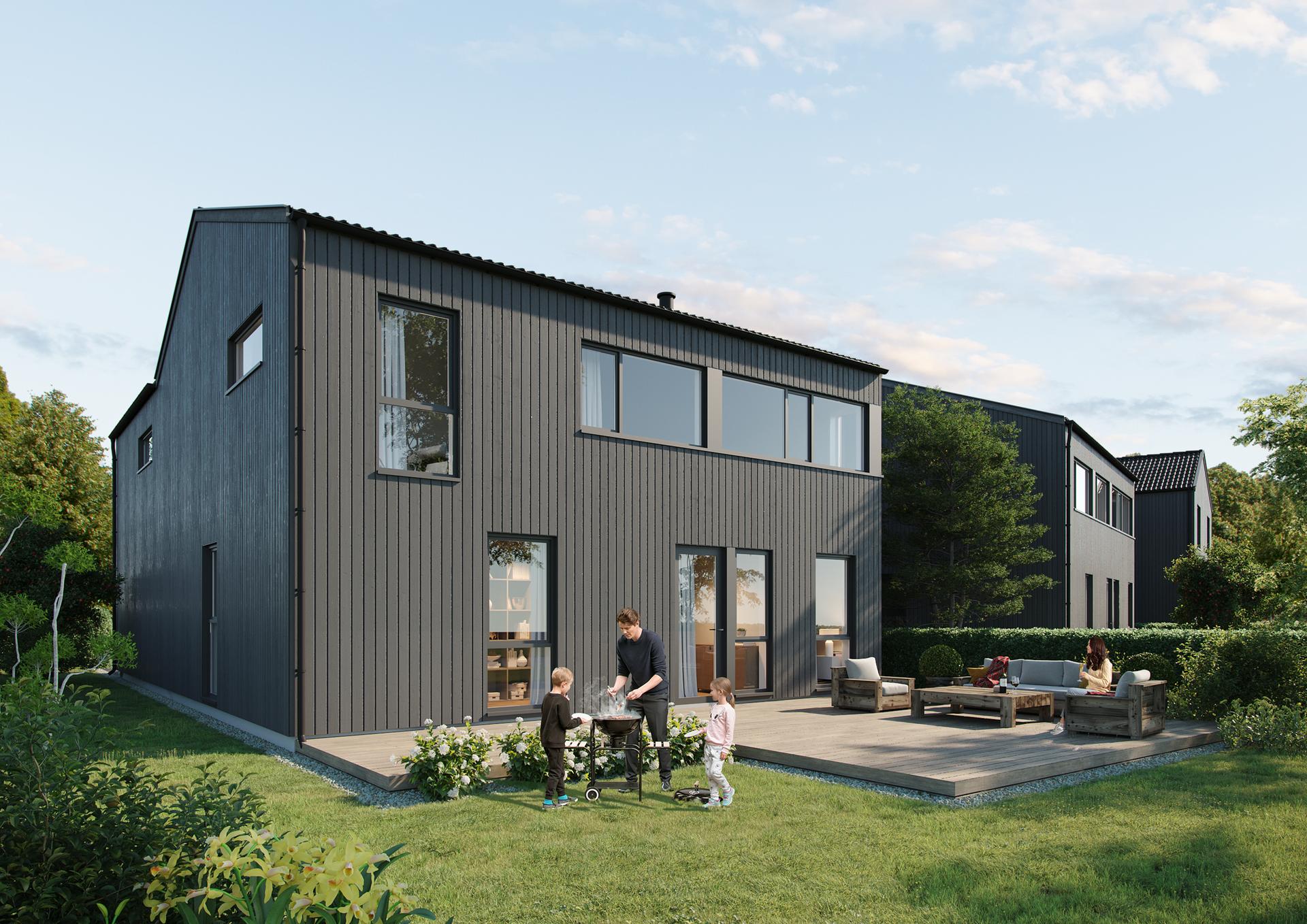Utvendig fasade- hage fra bolig 4. Bilde nummer 2 av 3