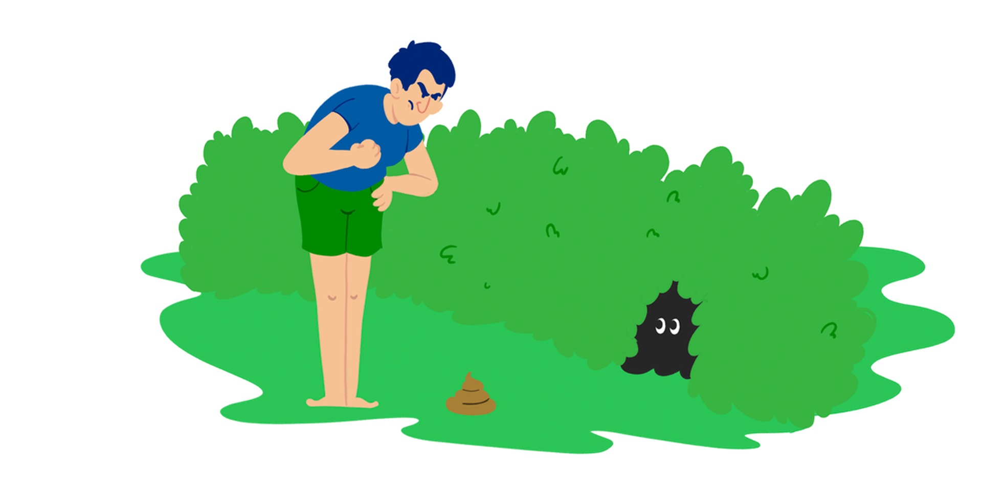 Sint mann ved hundeavføring foran en hekk, der en hund gjemmer seg. Illustrasjon.