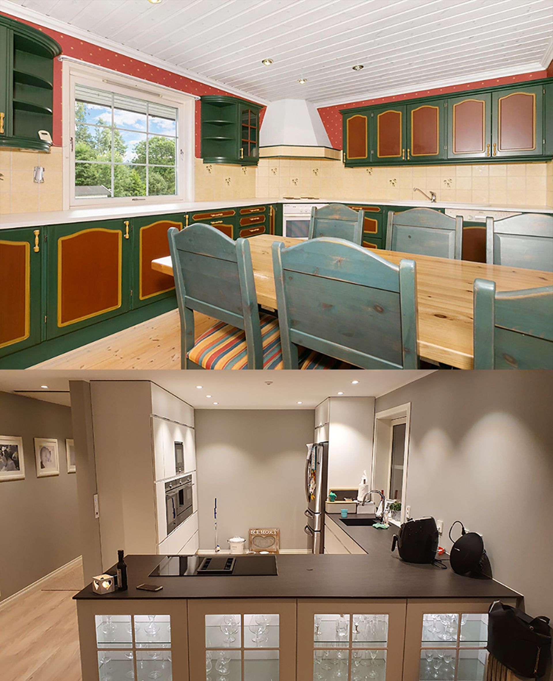 Kjøkken før og etter oppussing. Bilde