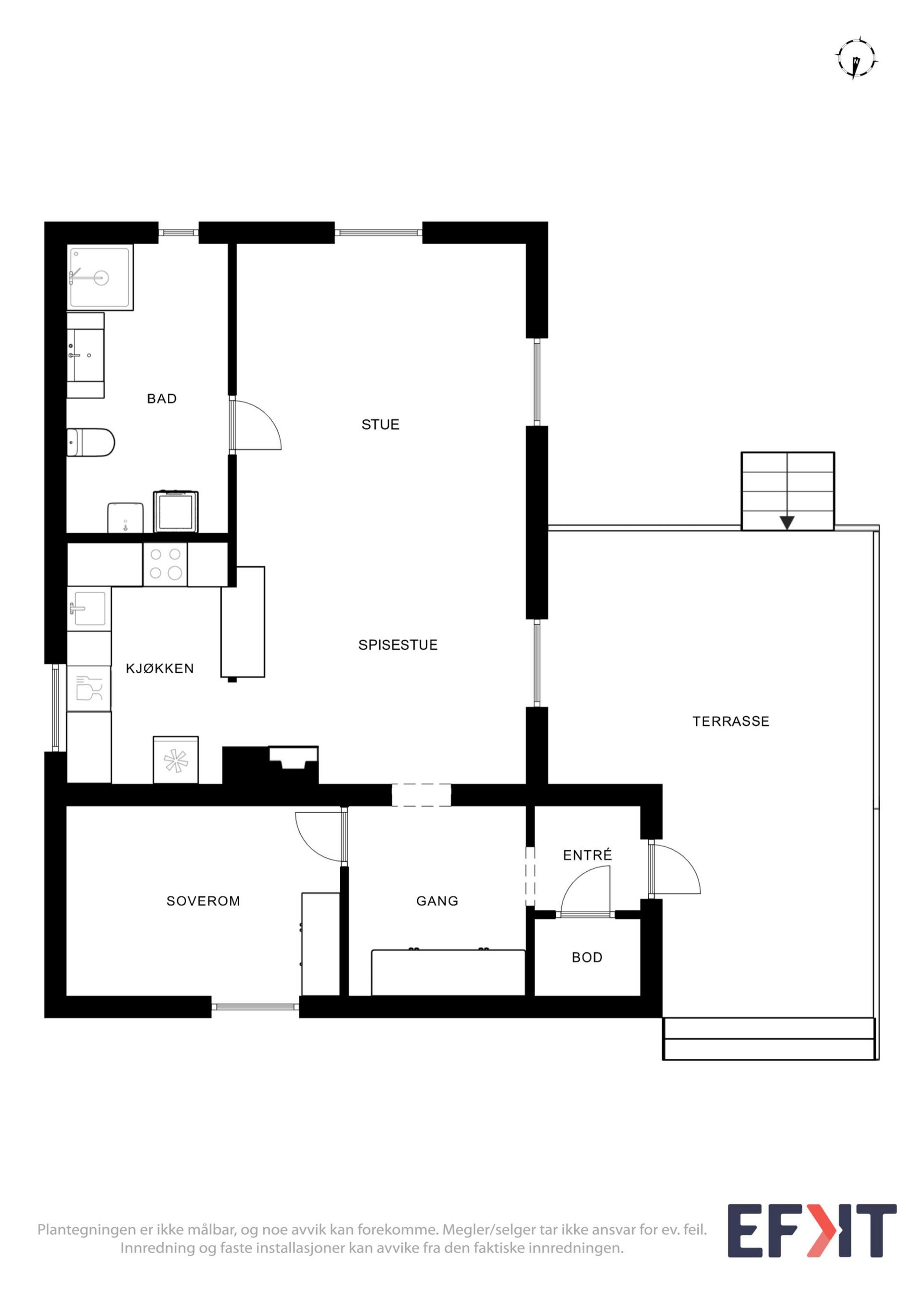 Boligen har en arealeffektiv planløsning med 67 m² BRA-i, alt på ett plan.. Bilde nummer 3 av 3