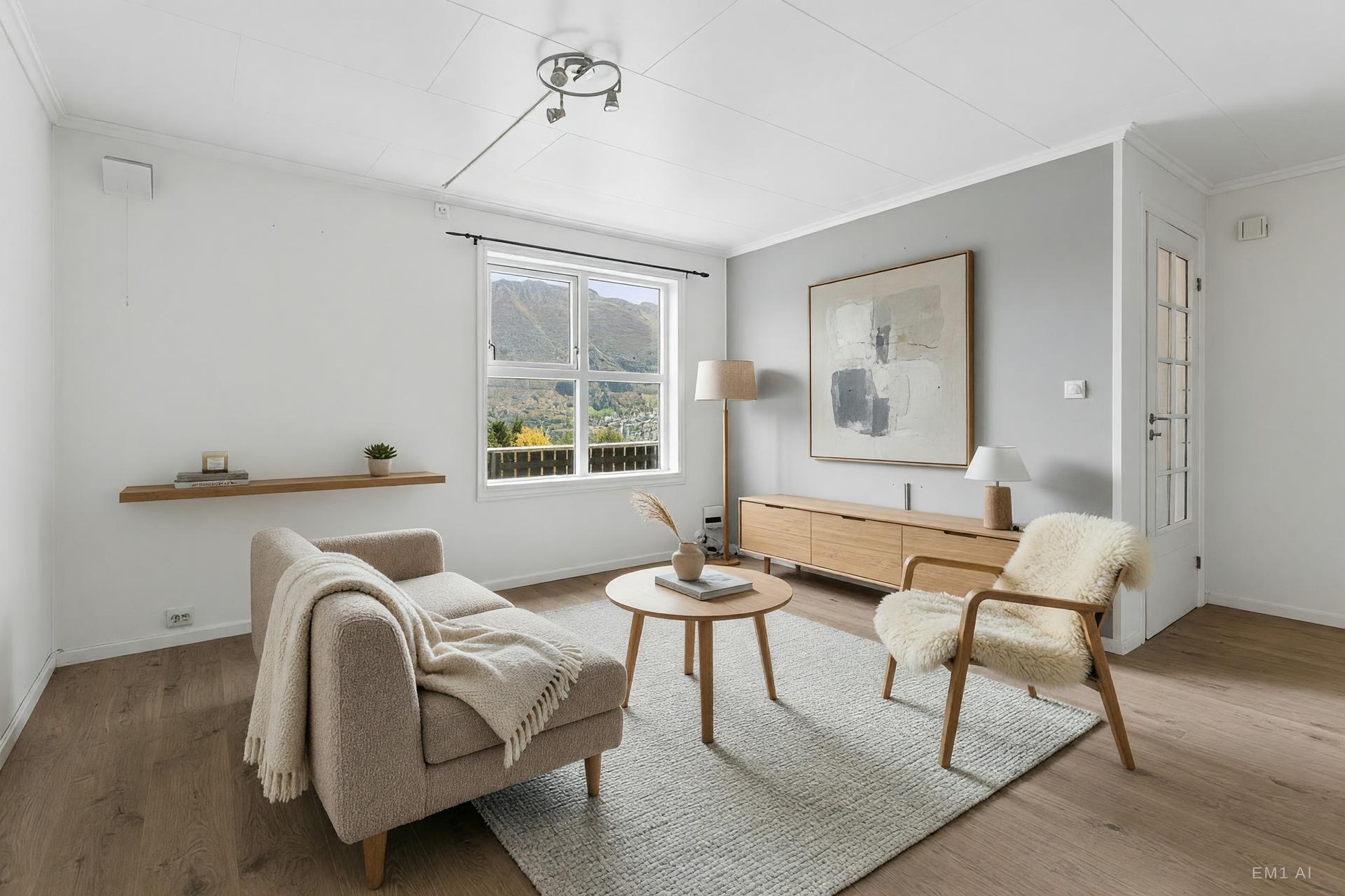 Stuen er lys og innbydende, med plass til både sofagruppe, spisebord m.m 
(Bildet er digitalt innredet med KI). Bilde nummer 3 av 3