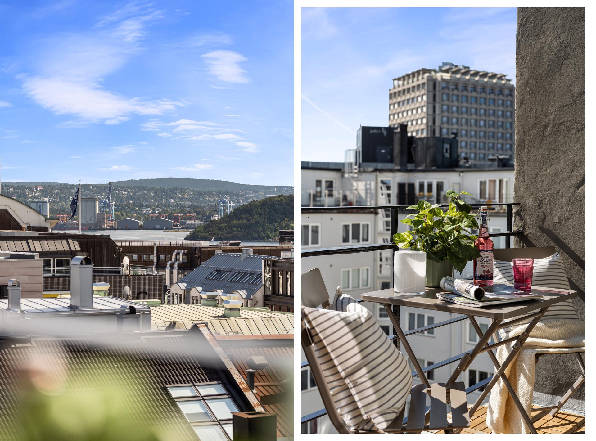 Herlig balkong med utsikt og taket på Oslo og ettermiddag/kveldssol. . Bilde nummer 2 av 3