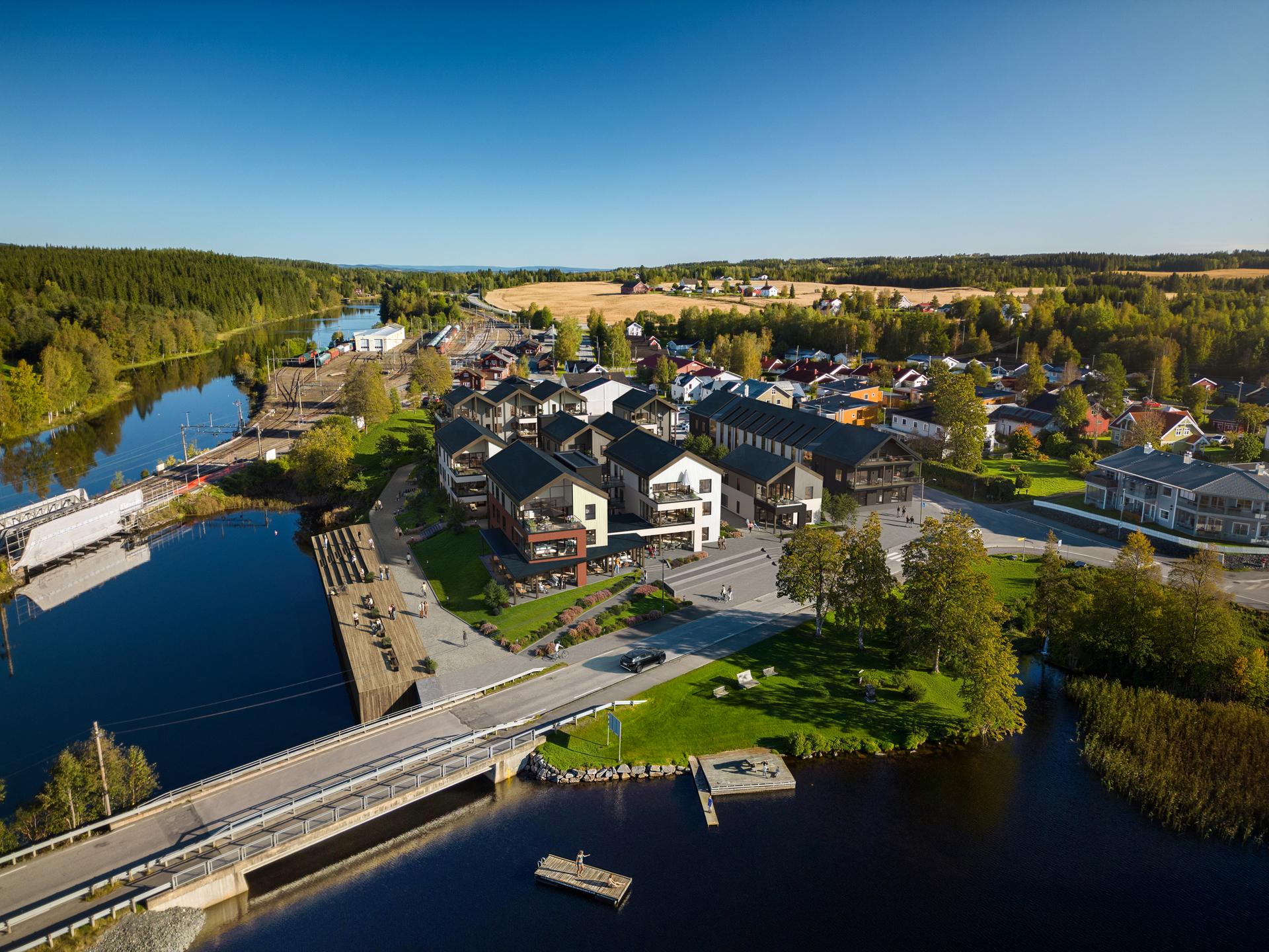 Kjent og kjært - nytt og moderne. 
På Eina har folk trivdes i uminnelige tider. Denne rause og koselige bygda har mye å by på. Nå skal det bygges moderne lavblokker med parkeringskjeller og heis. Illustrasjon - avvik vil forekomme. . Bilde nummer 2 av 3