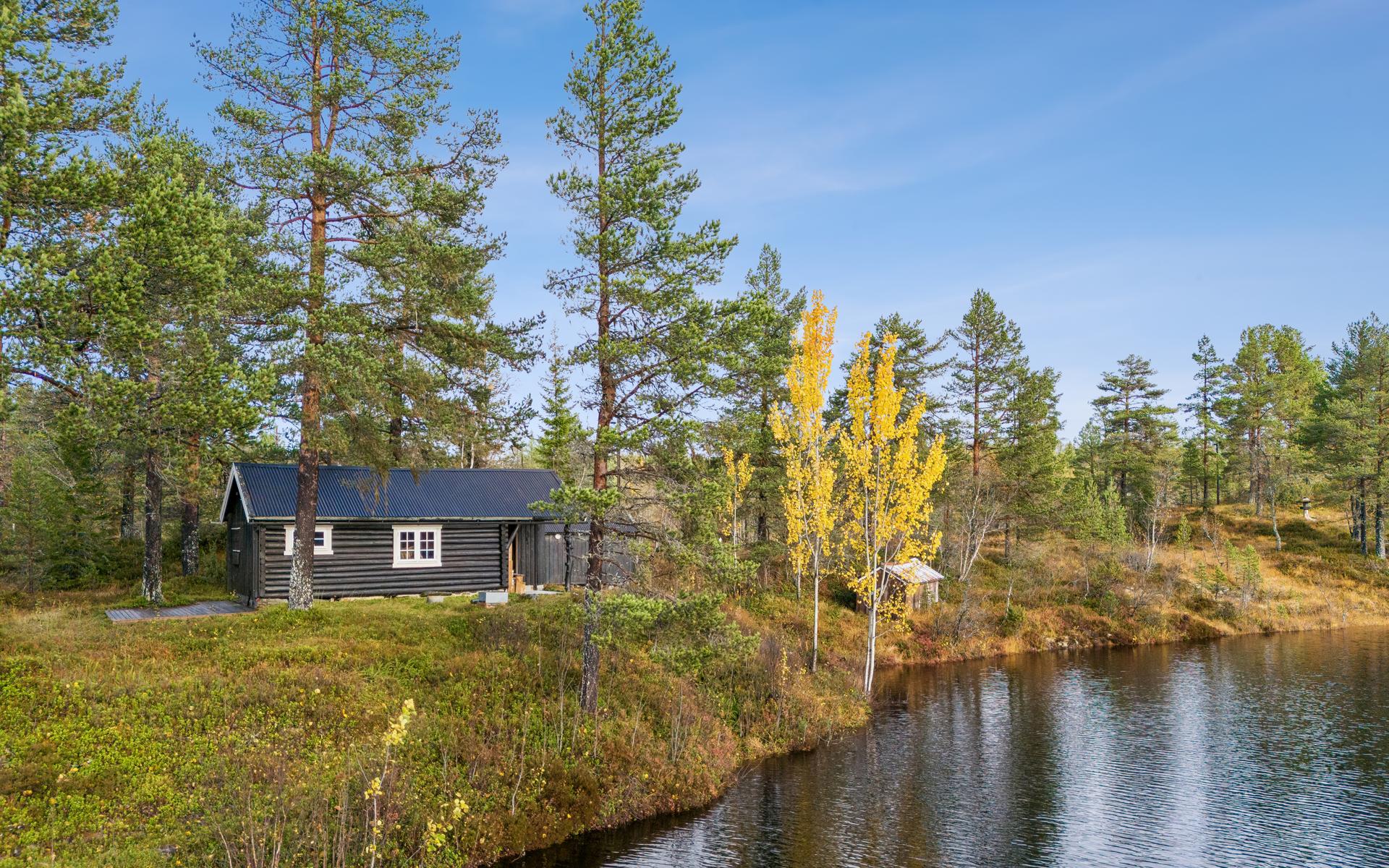 Laftet tømmerhytte med usjenert beliggenhet helt i vannkanten ved Måvatnet.. Bilde nummer 2 av 3