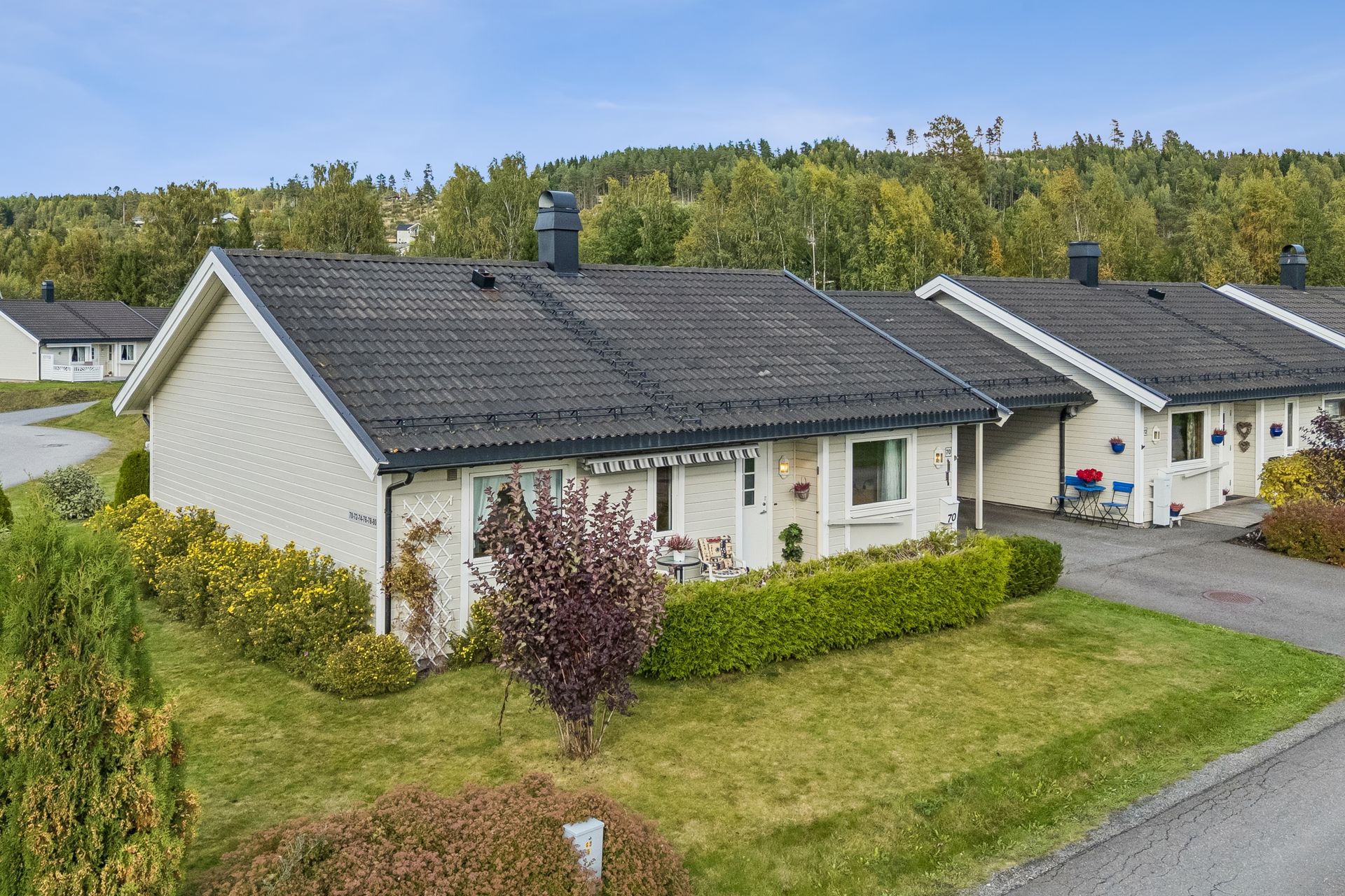 Skjermet inngangsparti med hekk, asfaltert adkomst og integrert sportsbod i carporten.. Bilde nummer 3 av 3