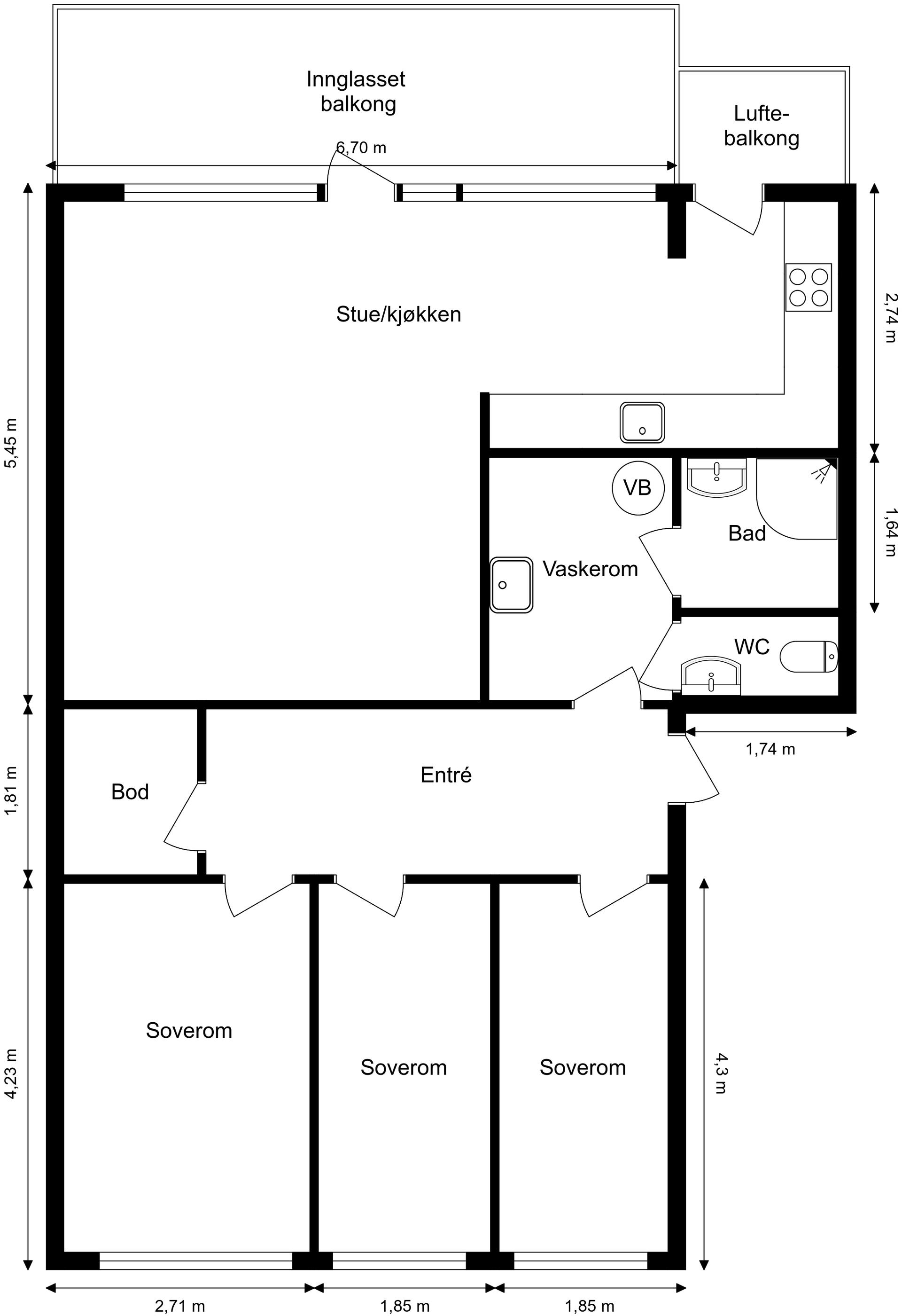 Plantegningen viser en god og arealeffektiv planløsning på 89 m² med tre soverom.. Bilde nummer 2 av 3