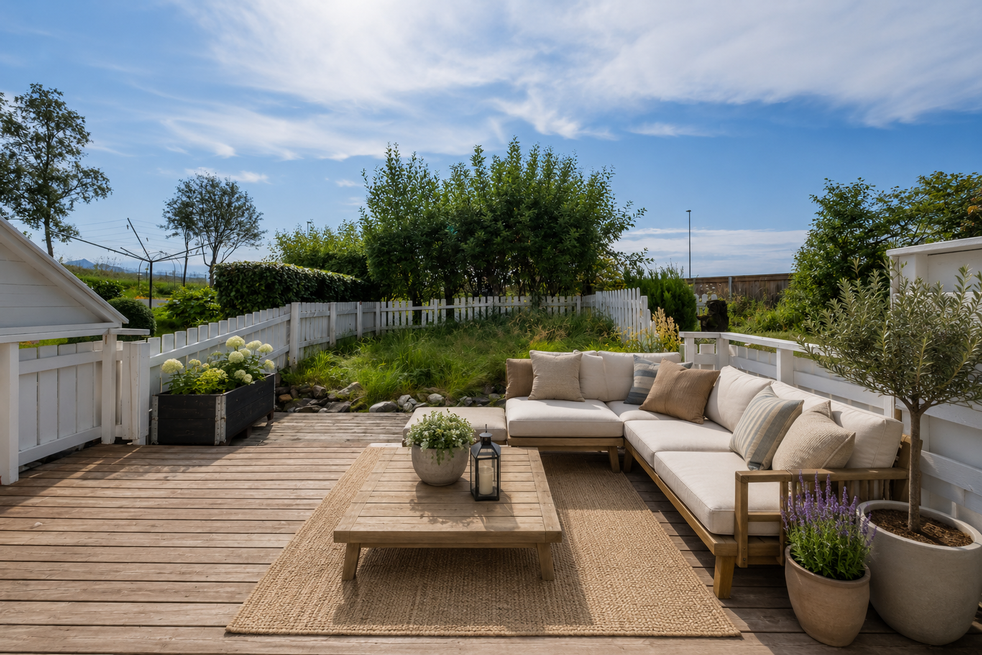 Fra stuen er det direkte utgang til en romslig og usjenert terrasse, med gode solforhold- egen hageflekk (digitalt møblert).. Bilde nummer 3 av 3