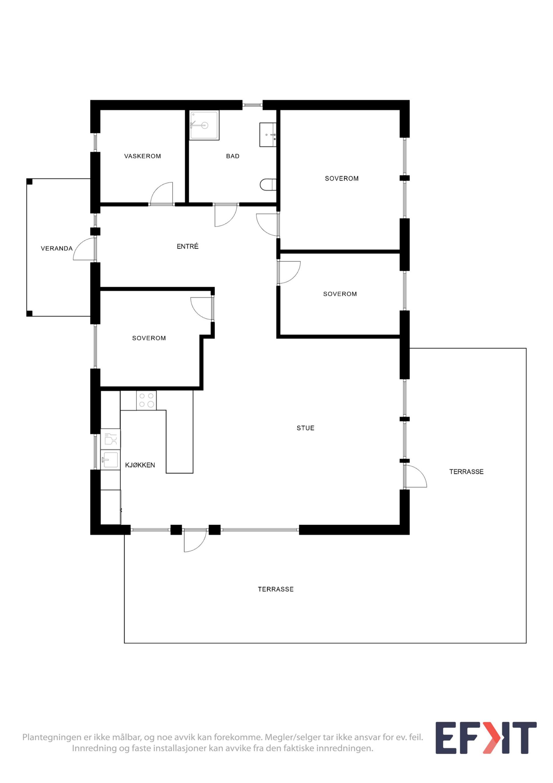 Boligen har en arealeffektiv planløsning på ett plan, med tre soverom og en åpen, sosial sone for en lettstelt hverdag.. Bilde nummer 3 av 3