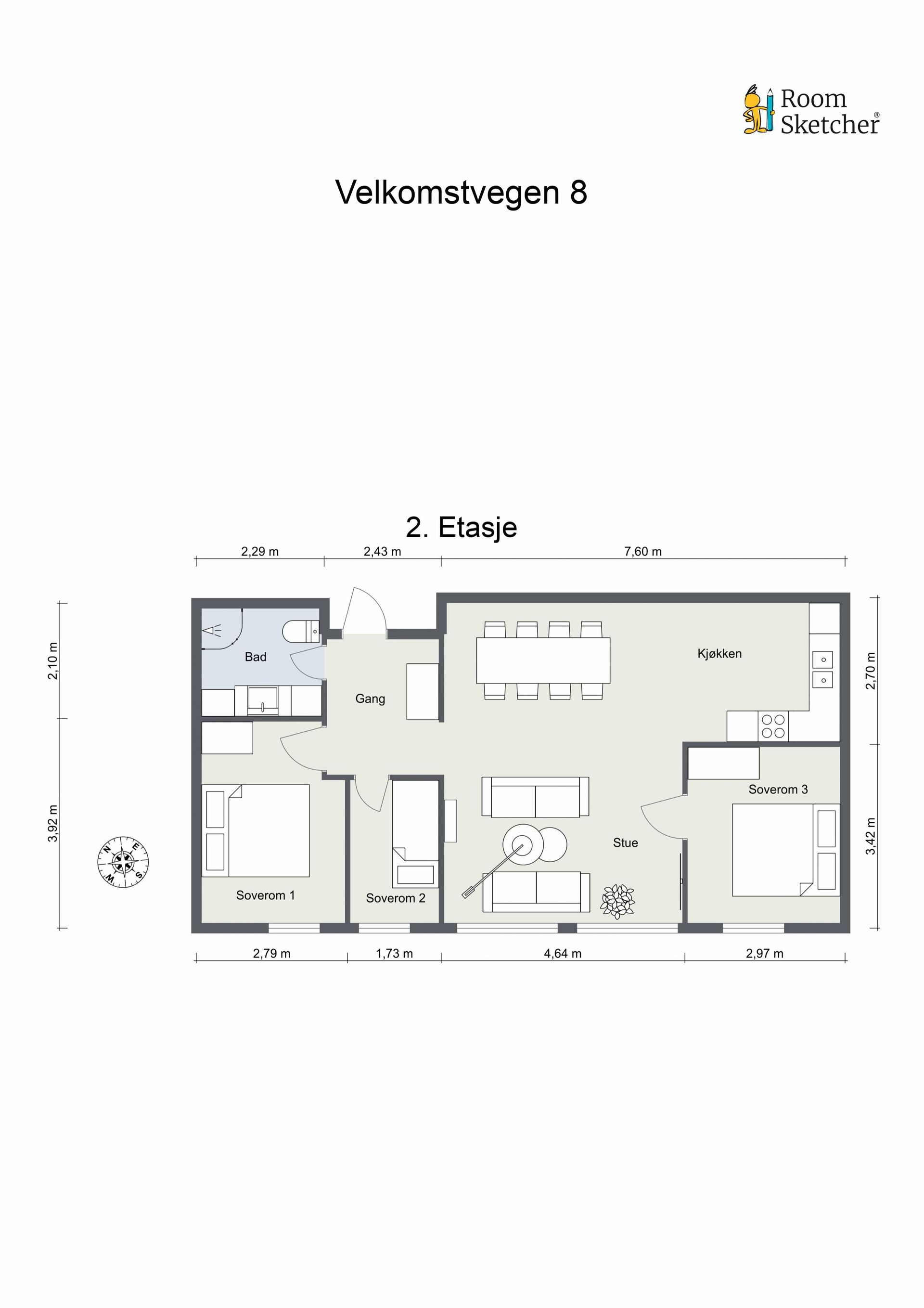 Planløsningen er arealeffektiv med tre soverom og et romslig, åpent oppholdsrom.. Bilde nummer 3 av 3