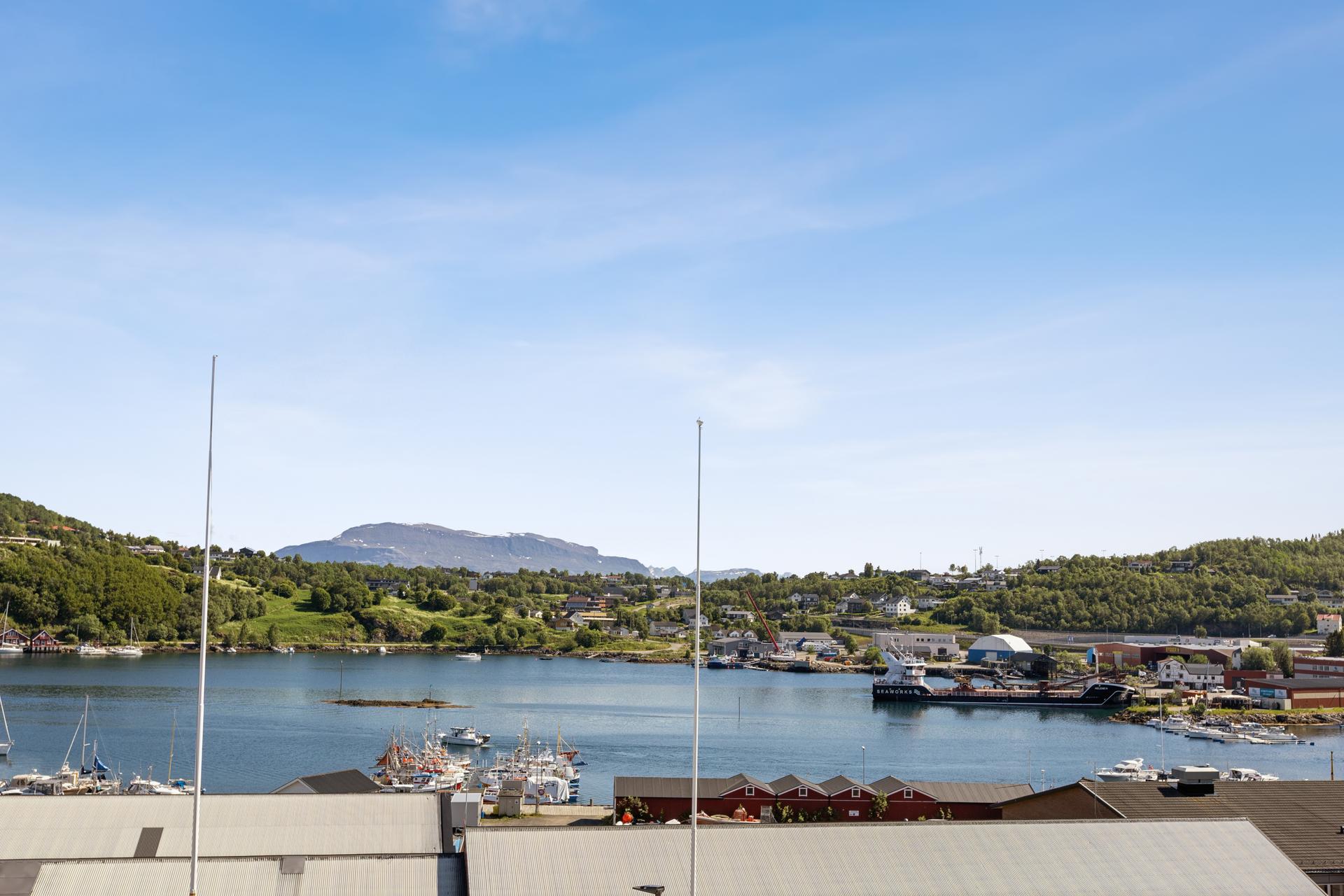 Fra leiligheten er det nydelig utsikt over nærområdet og sjøen. Bilde nummer 2 av 3