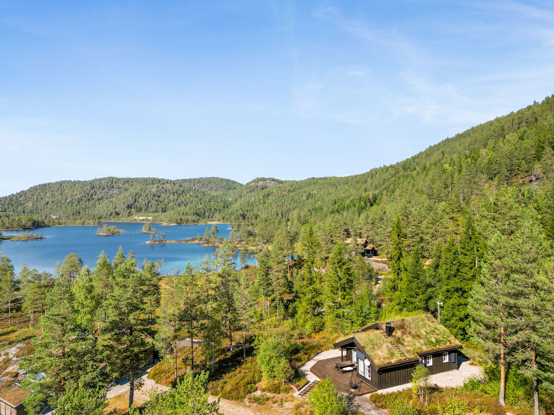 Velholdt hytte fra 2014 med torvtak og villmarkskledning i naturskjønne omgivelser ved Gongevann.. Bilde nummer 2 av 3