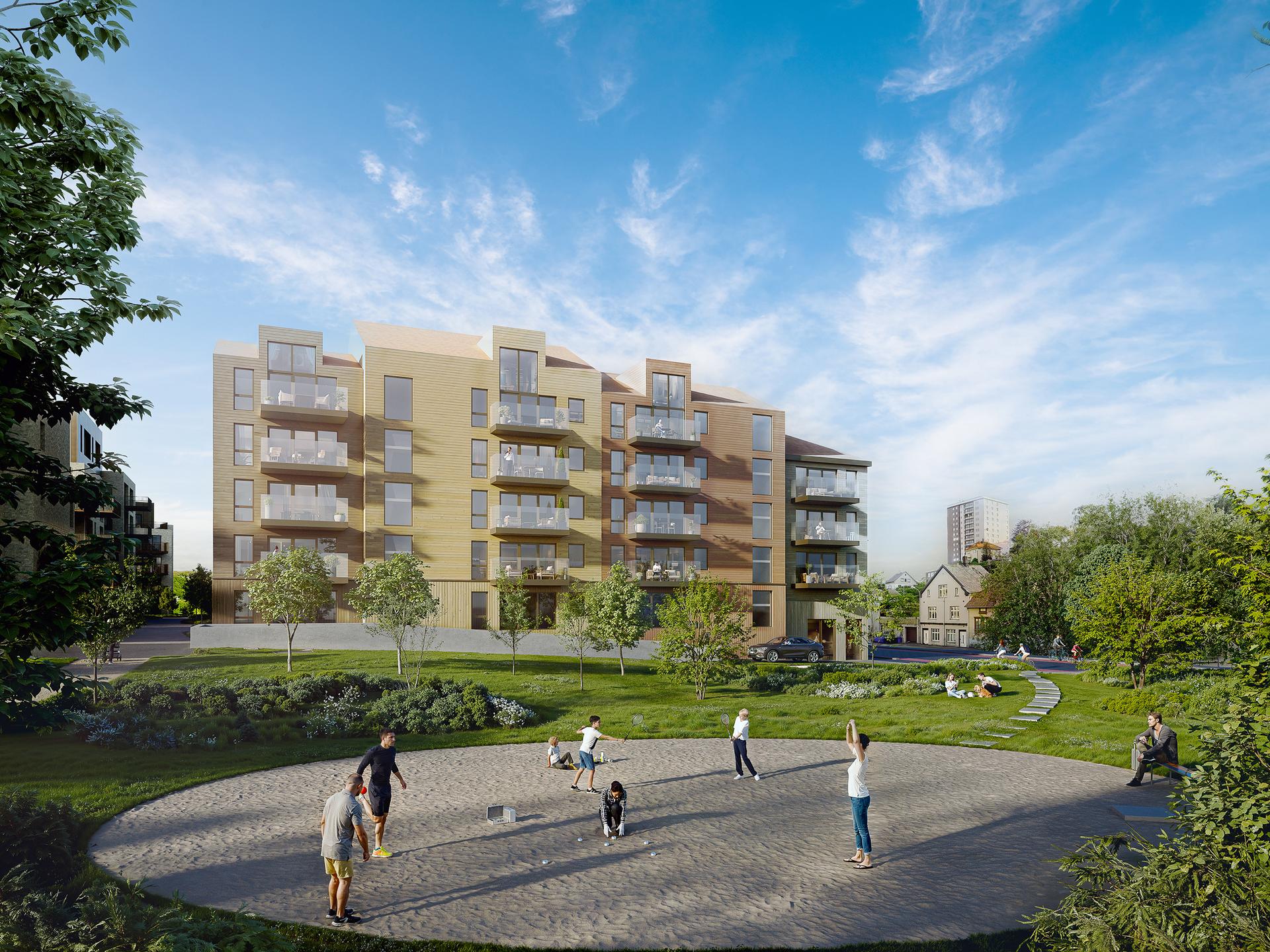 Velkommen til Høvleriet - 35 leiligheter og 6 etasjer. Merk at illustrasjonen kan vise elementer og materialer som ikke er en del av standardleveransen. Avvik vil forekomme.. Bilde nummer 1 av 3