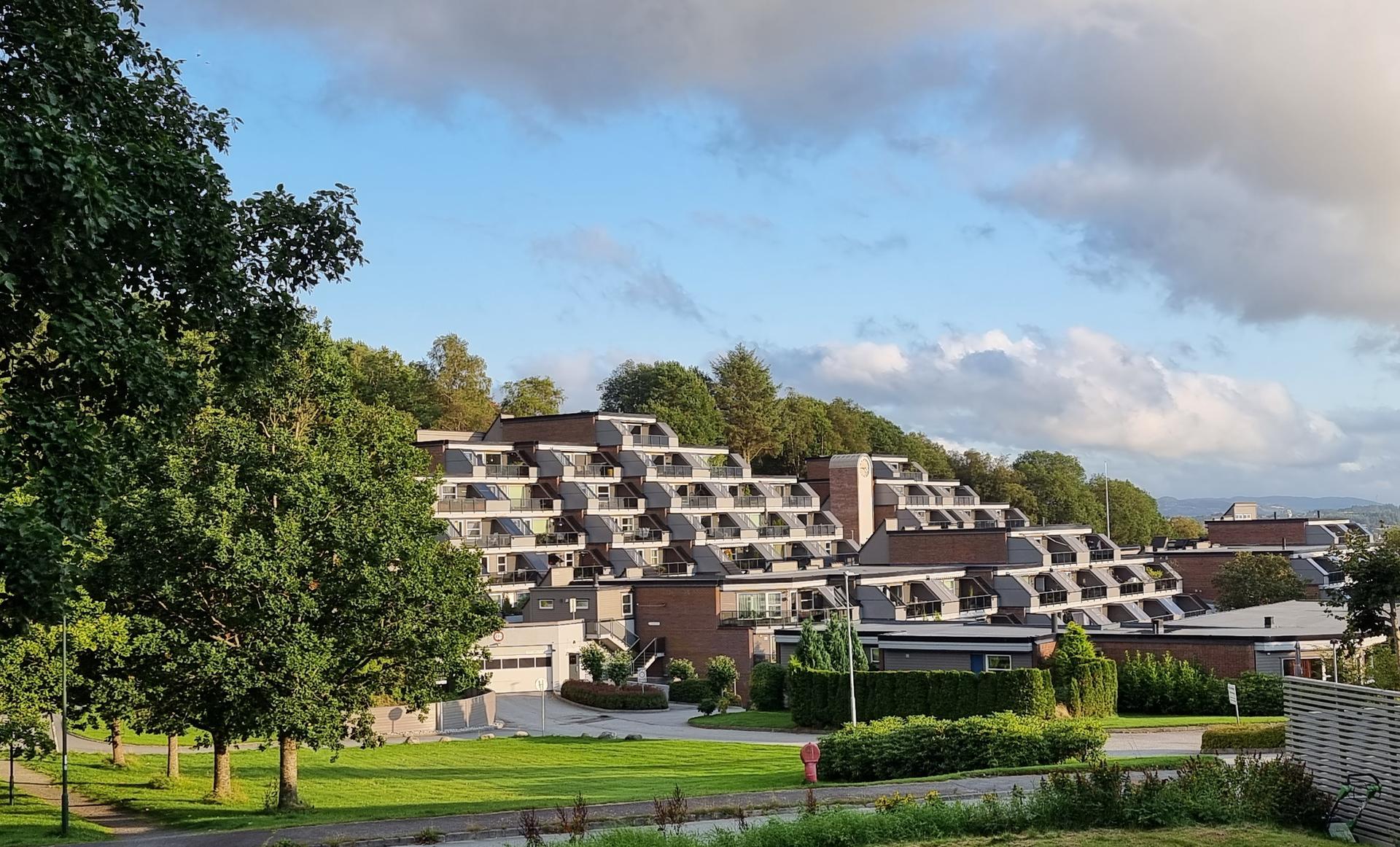 Borettslaget Eikeberget har en karakteristisk terrassert arkitektur omgitt av grøntarealer. Bilde nummer 2 av 3