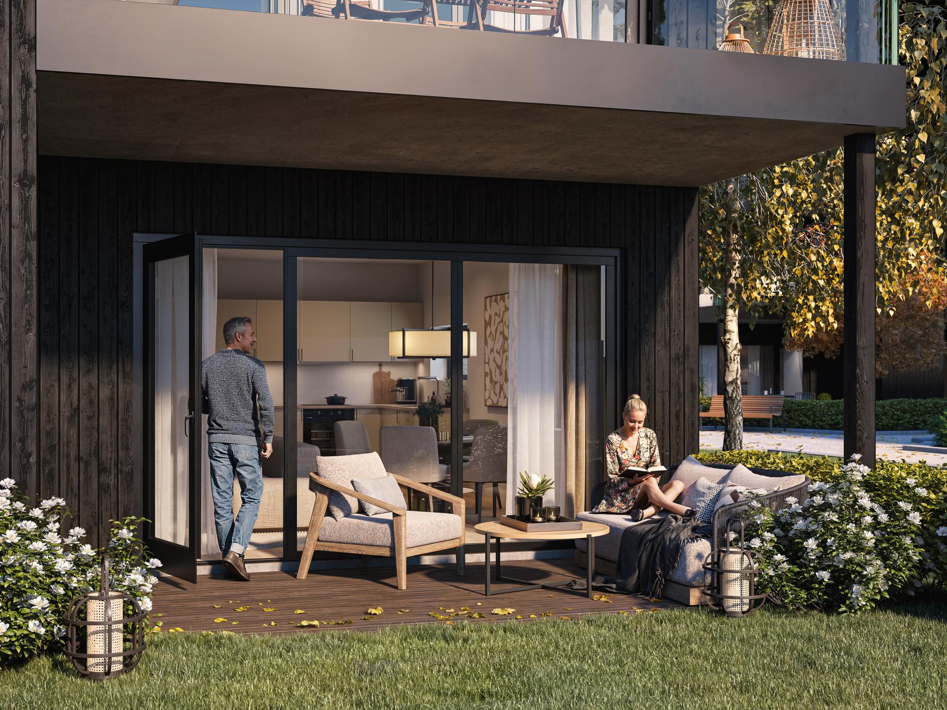 Her finner du nye og moderne leiligheter fra ca. 45 til 80 m², med egen bod, parkering og uteplass. Dette er en illustrasjon og endringer i utforming, materialvalg etc. kan forekomme.. Bilde nummer 2 av 3