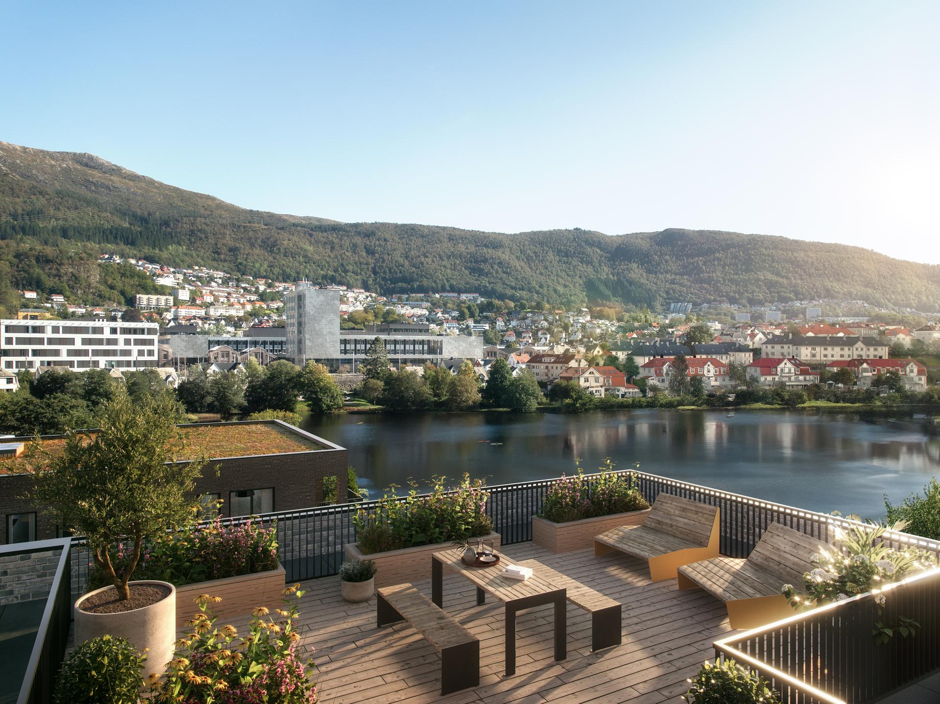 Felles takterrasse i 7. etasje med nydelig utsikt ut mot vannet. (Alle bilder i annonsen er illustrasjoner - avvik vil forekomme). Bilde nummer 2 av 3