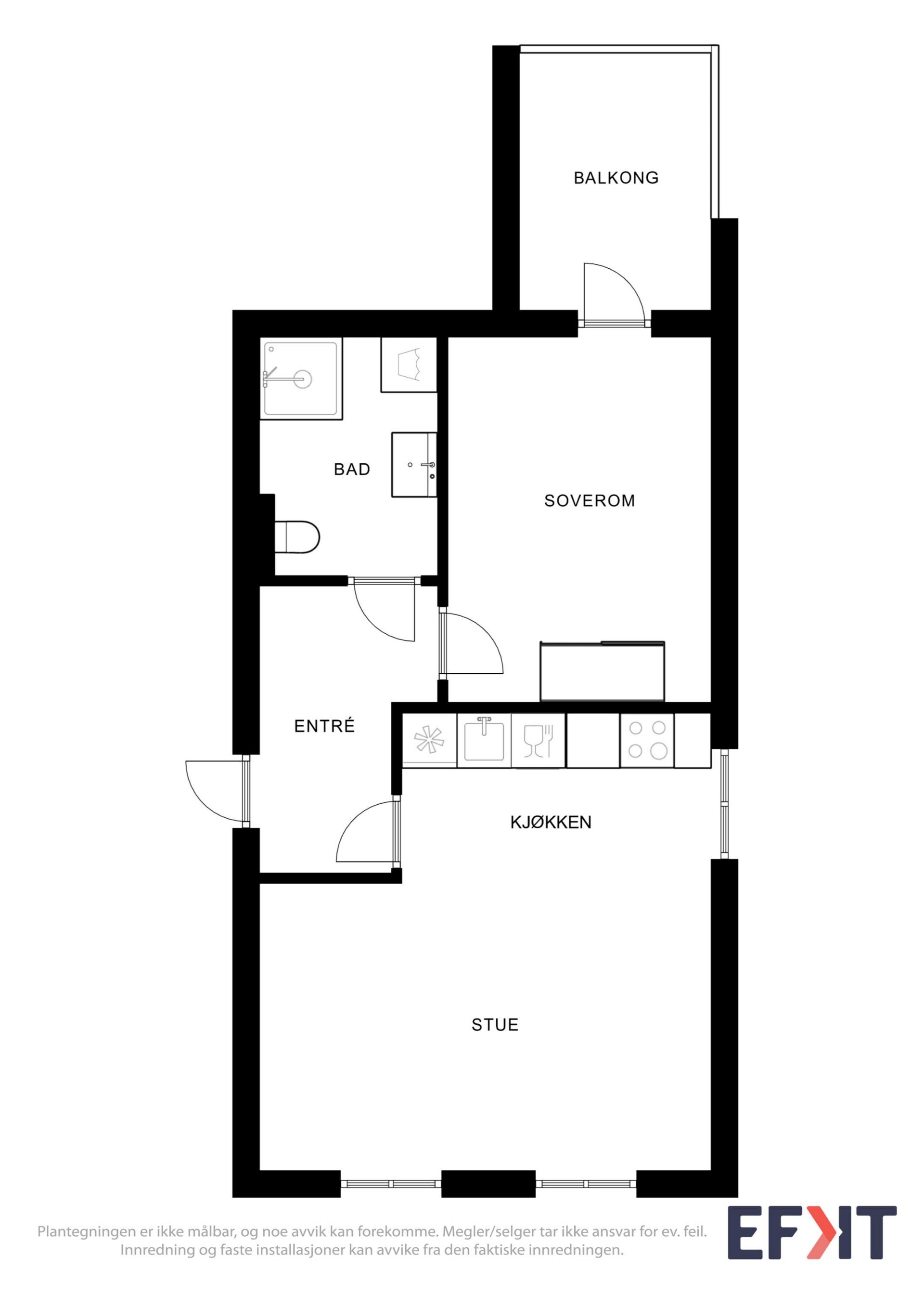 Leiligheten har en arealeffektiv planløsning på 44 m² med åpen stue- og kjøkkenløsning, separat soverom og bad.. Bilde nummer 3 av 3