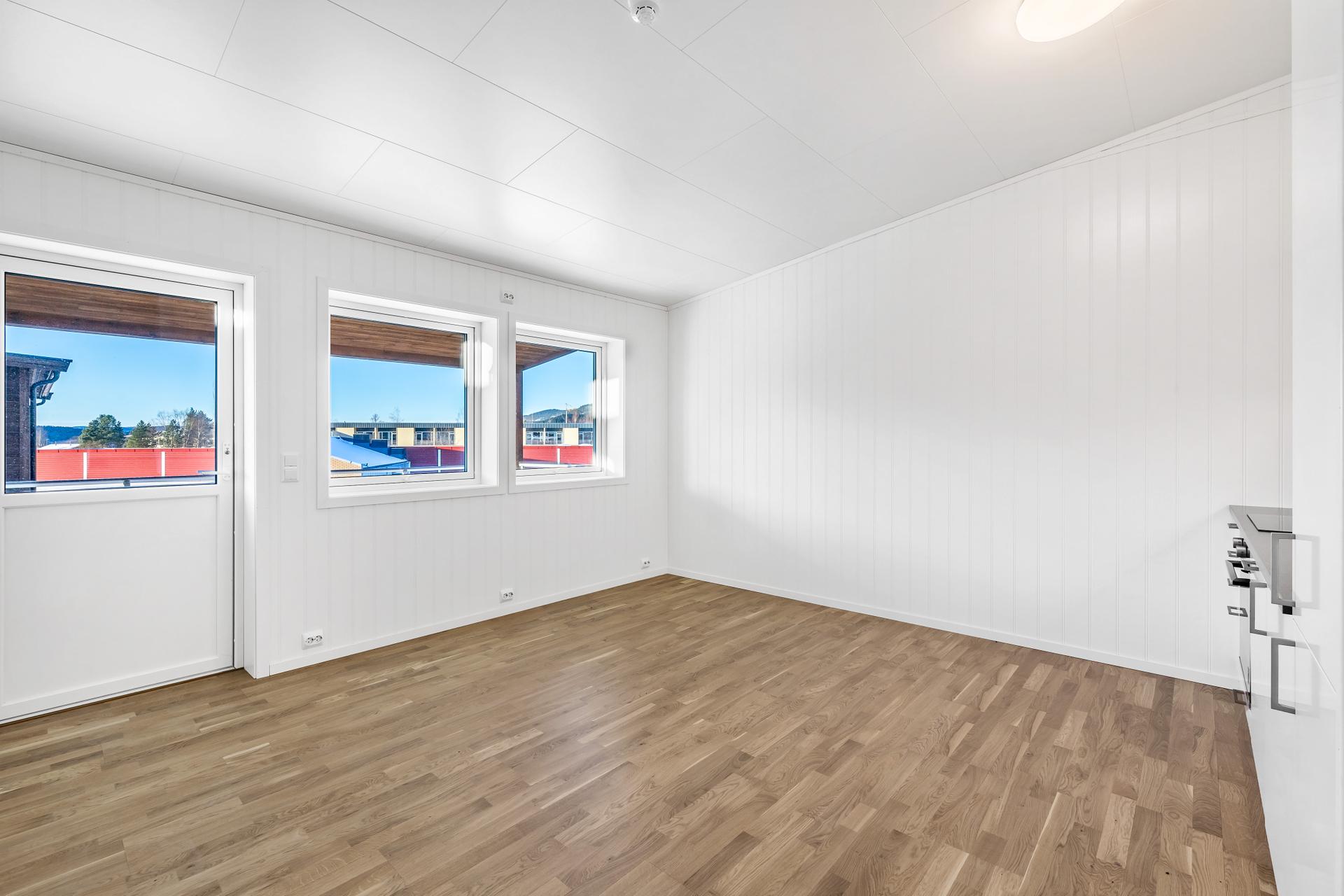 Stue/kjøkken med videre utgang til veranda . Bilde nummer 2 av 3