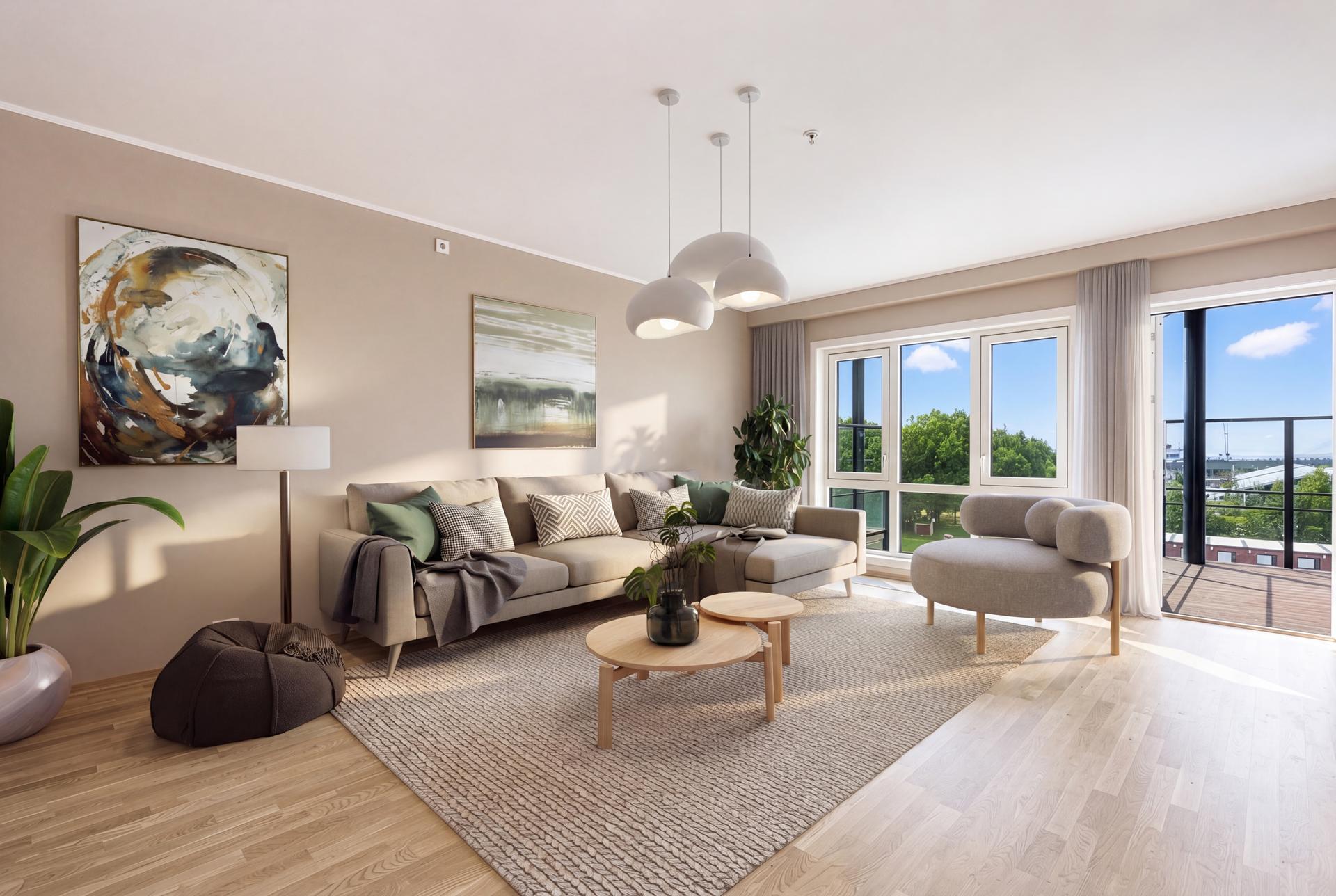 Stuen har god plass til sofagruppe og utgang til en av leilighetens to balkonger. Boligen varmes opp med vannbåren fjernvarme. (Digital stylet kun en illustrasjon). . Bilde nummer 3 av 3