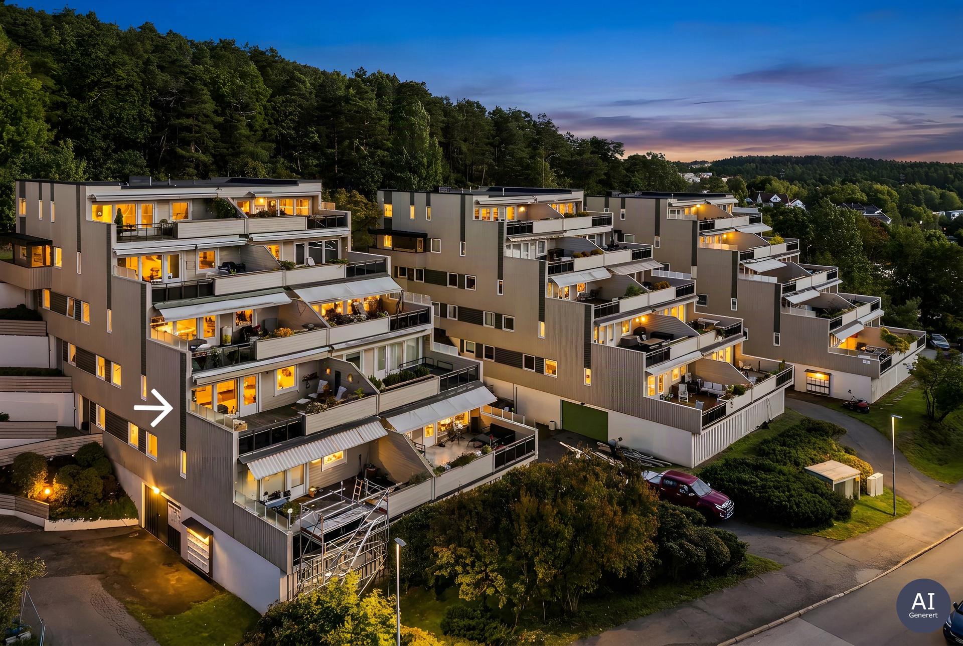 Kveldsstemning i Sydskogen Terrasse. Terrasseblokkene i Sydskogen Terrasse er oppført i 1989 og tilpasset terrenget.  (AI Generert). Bilde nummer 3 av 3