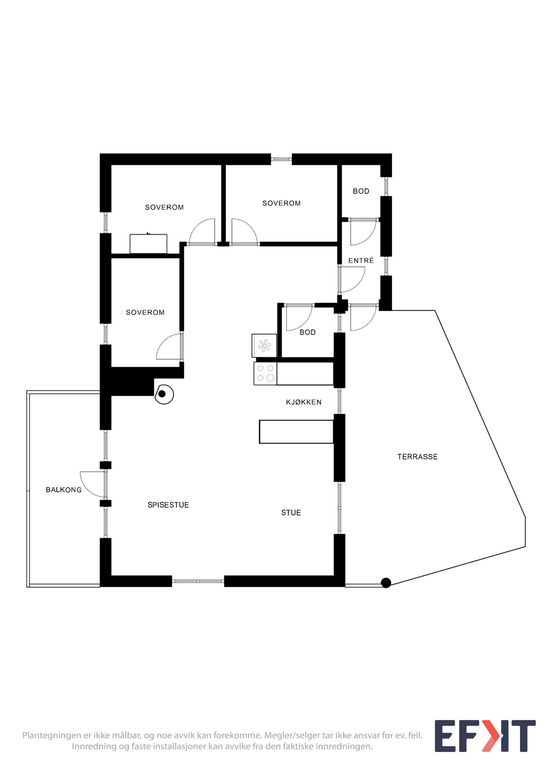 Hytta har en arealeffektiv planløsning over ett plan med tre soverom og to boder.. Bilde nummer 2 av 3