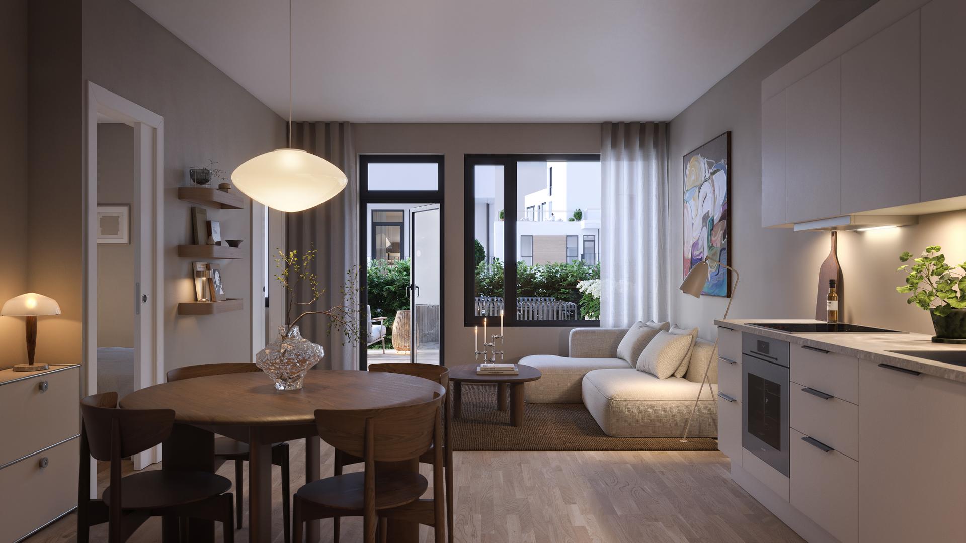 EiendomsMegler 1 ved Tara Fagerstad har gleden av å presentere en splitter ny og moderne  2-roms selveierleilighet på Leangen! Illustrasjon av en annen leilighet i prosjektet, avvik vil forekomme.. Bilde nummer 1 av 3