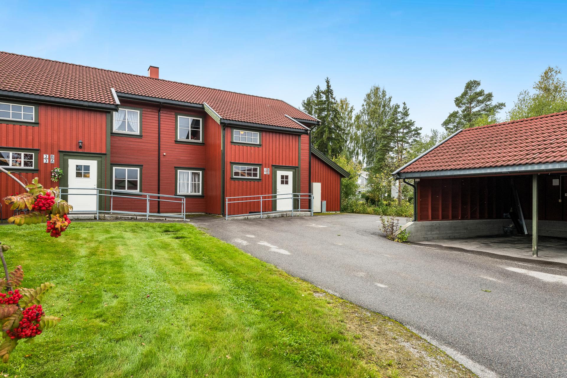 Adkomstsiden har asfaltert gårdsplass, inngangsparti og enkel tilgang til carporten.. Bilde nummer 3 av 3