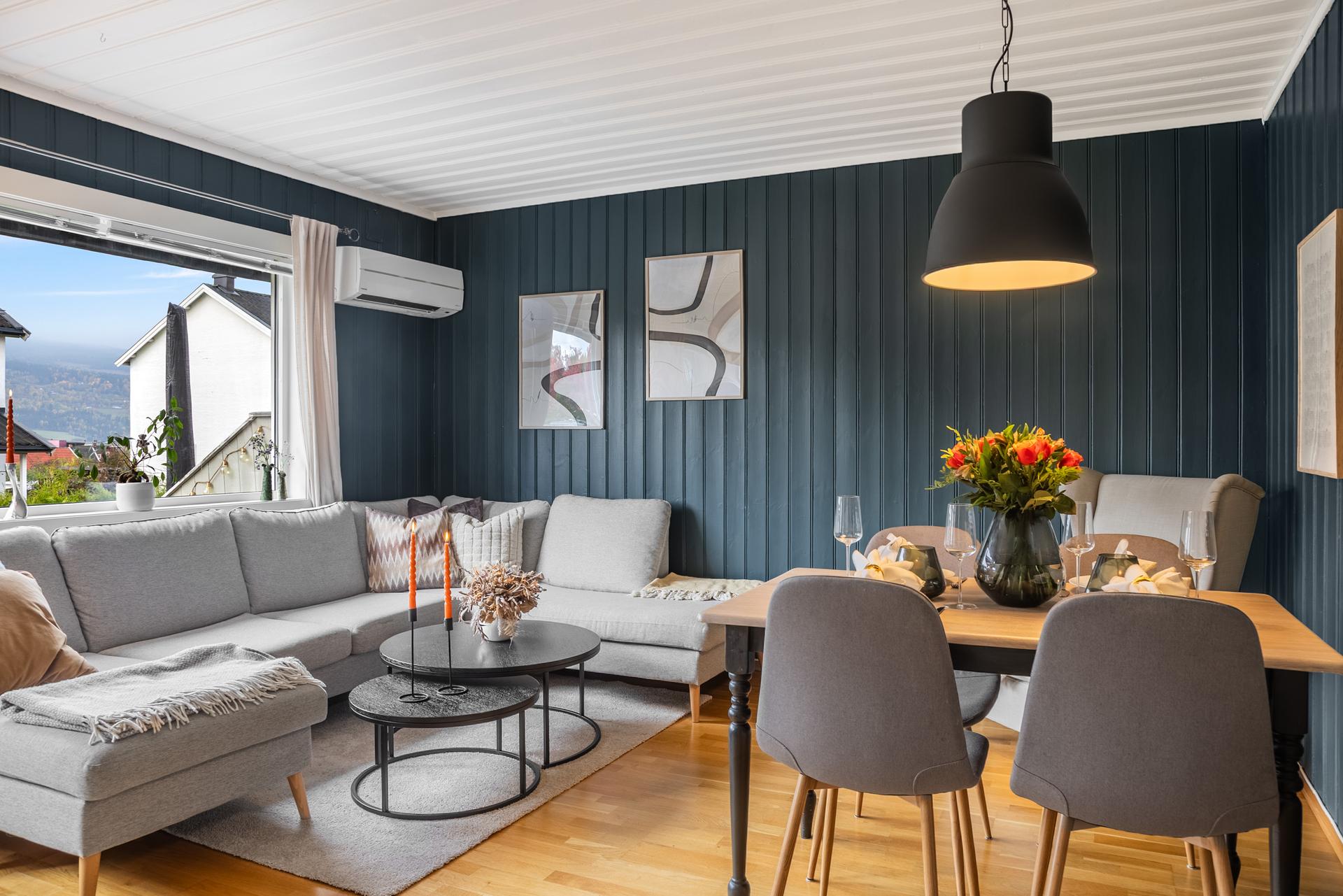 Stuen har montert varmepumpe og god plass til både sofagruppe og spisebord.. Bilde nummer 3 av 3