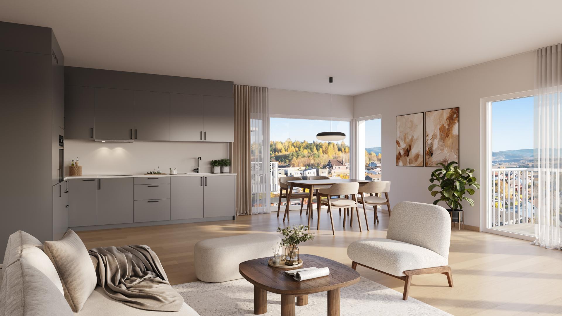 Leilighetene levers med moderne standard. Kjøkken fra kvalitetsleverandør, 1-stavs parkett på gulvflatene og 60x60cm flis på bad. Illustrasjon, endringer kan forekomme. Bilde nummer 3 av 3