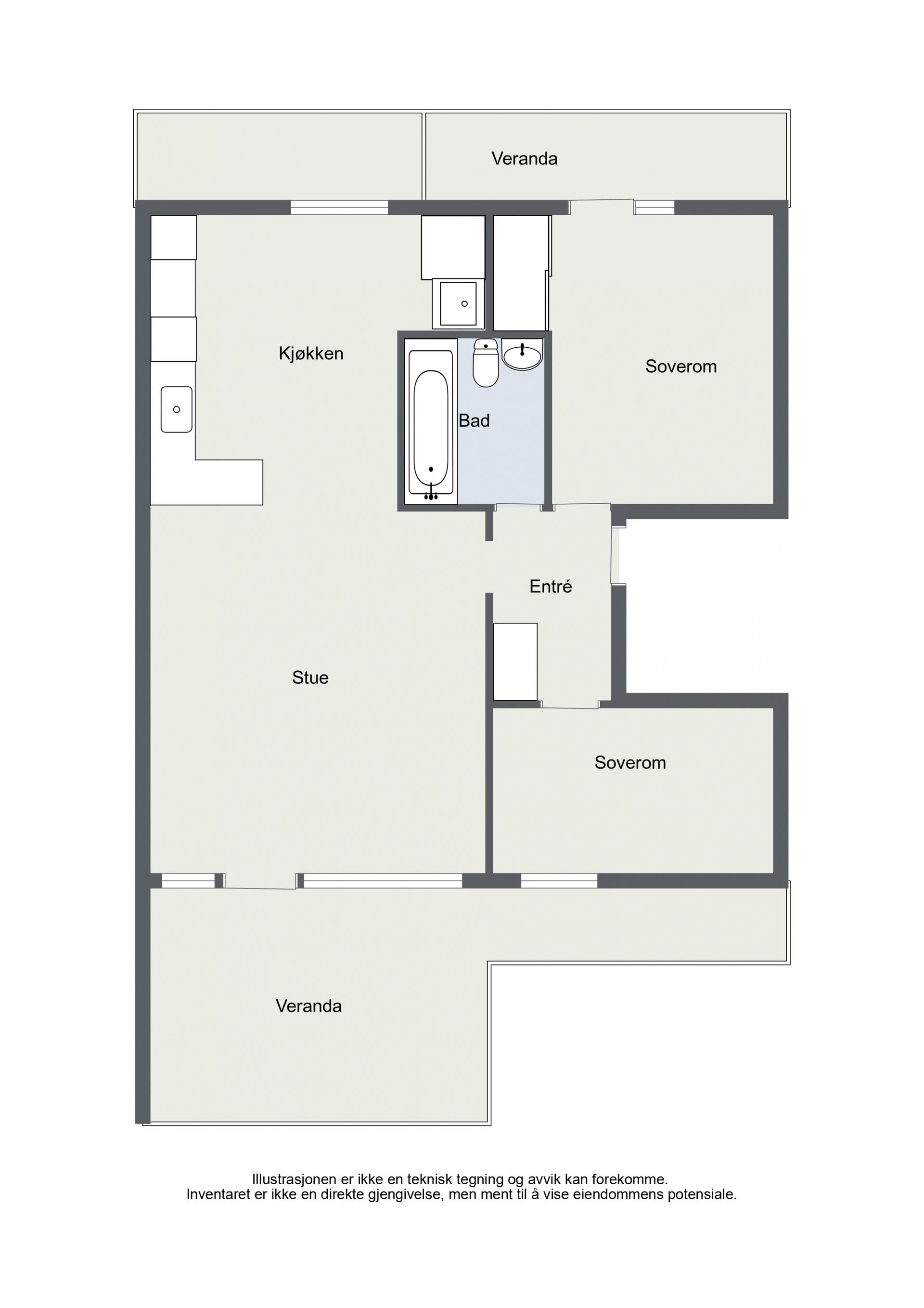 Leiligheten på 55 m² har en effektiv planløsning med to soverom, adskilt bad og to uteplasser.. Bilde nummer 2 av 3