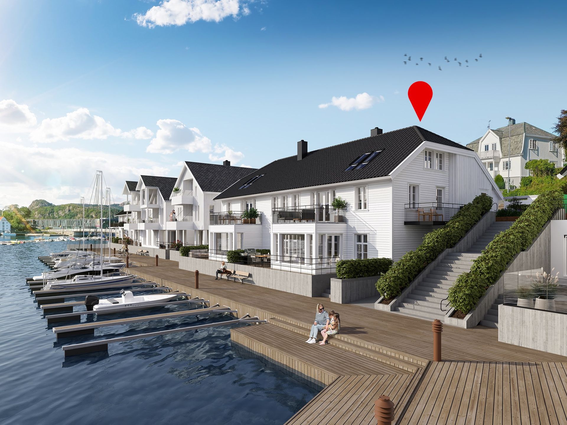 FARØY BRYGGE ligger på solsiden av indre havnebasseng, midt i mot Farsund sentrum. Illustrasjon. Bilde nummer 1 av 3