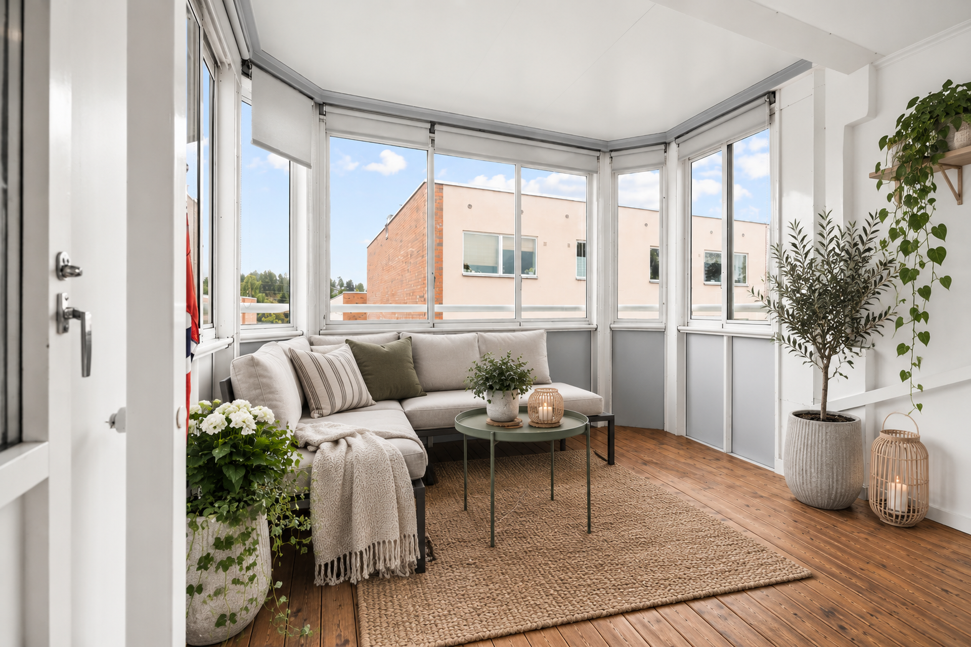 Leiligheten ligger i 2.etasje med innglasset balkong som forlenger utesesongen og gir god plass til sittegruppe. (Bildet er digitalt stylet av AI og er kun ment som illustrasjon.). Bilde nummer 2 av 3